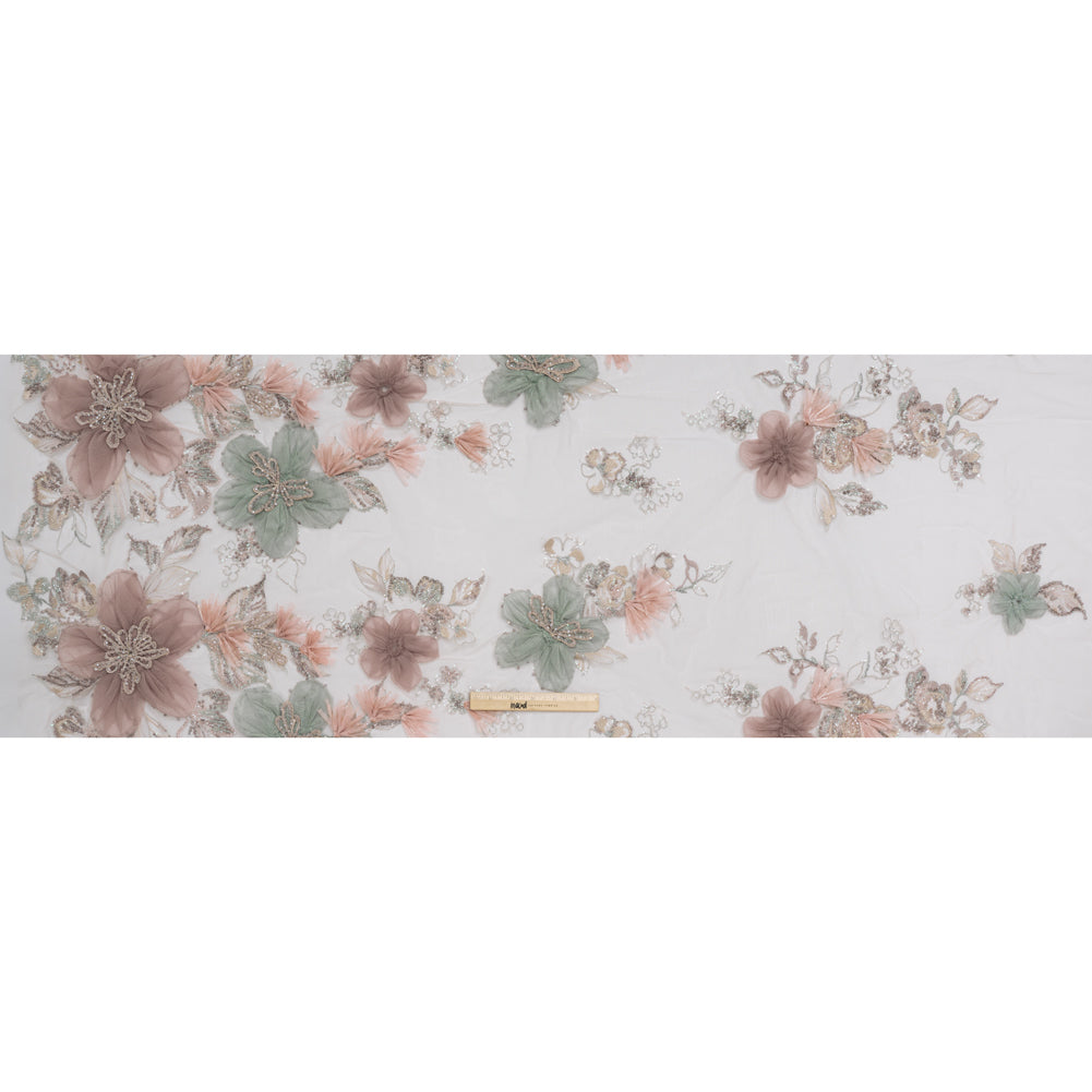 Embroidered and Beaded Tulle with 3D Applique Fabric Flowers - Taupe, Mauve, Mint and Pink Big Flowers - Full Embroidered and Beaded Tulle with 3D Applique Fabric Flowers - Taupe, Mauve, Mint and Pink Big Flowers - Full