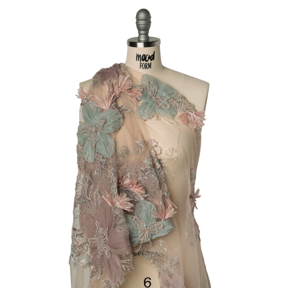 Embroidered and Beaded Tulle with 3D Applique Fabric Flowers - Taupe, Mauve, Mint and Pink Big Flowers Drape Embroidered and Beaded Tulle with 3D Applique Fabric Flowers - Taupe, Mauve, Mint and Pink Big Flowers Drape