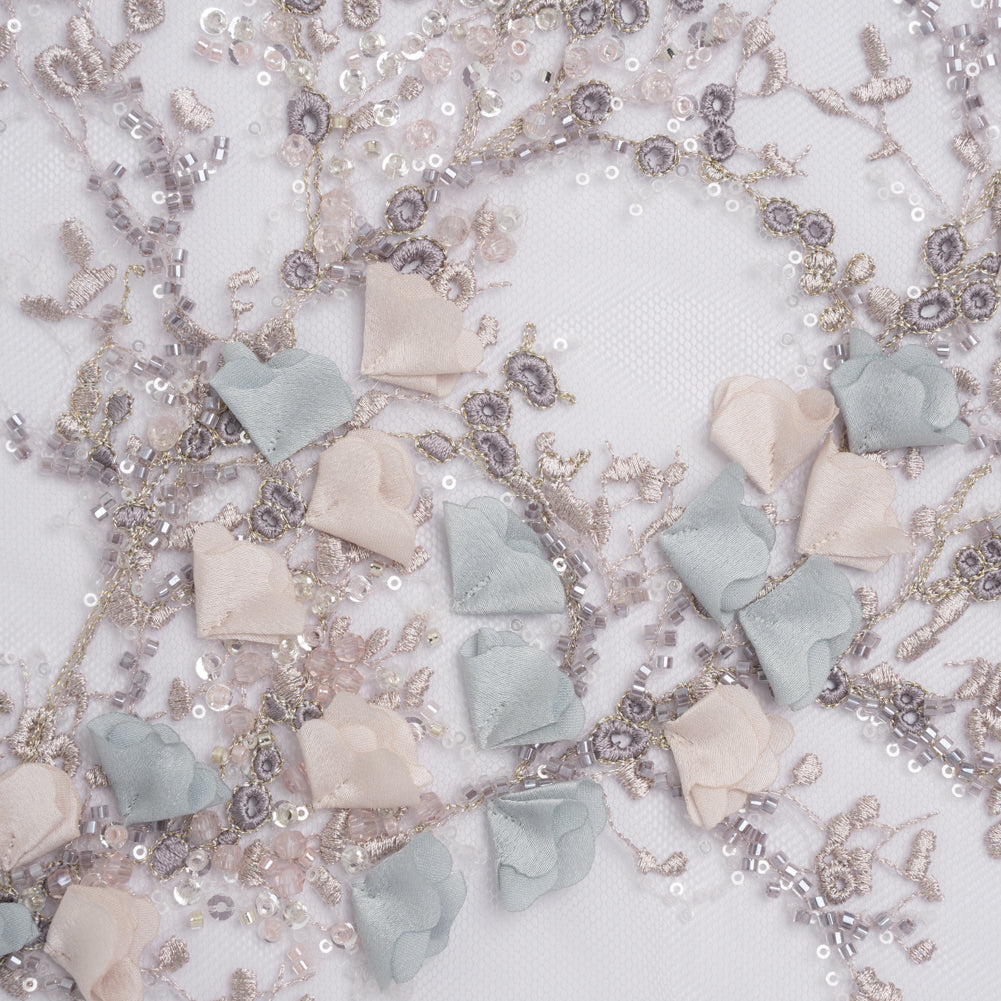Embroidered and Beaded Tulle with 3D Satin Flowers - Lilac, Cream and Light Blue Floral Sprigs Embroidered and Beaded Tulle with 3D Satin Flowers - Lilac, Cream and Light Blue Floral Sprigs