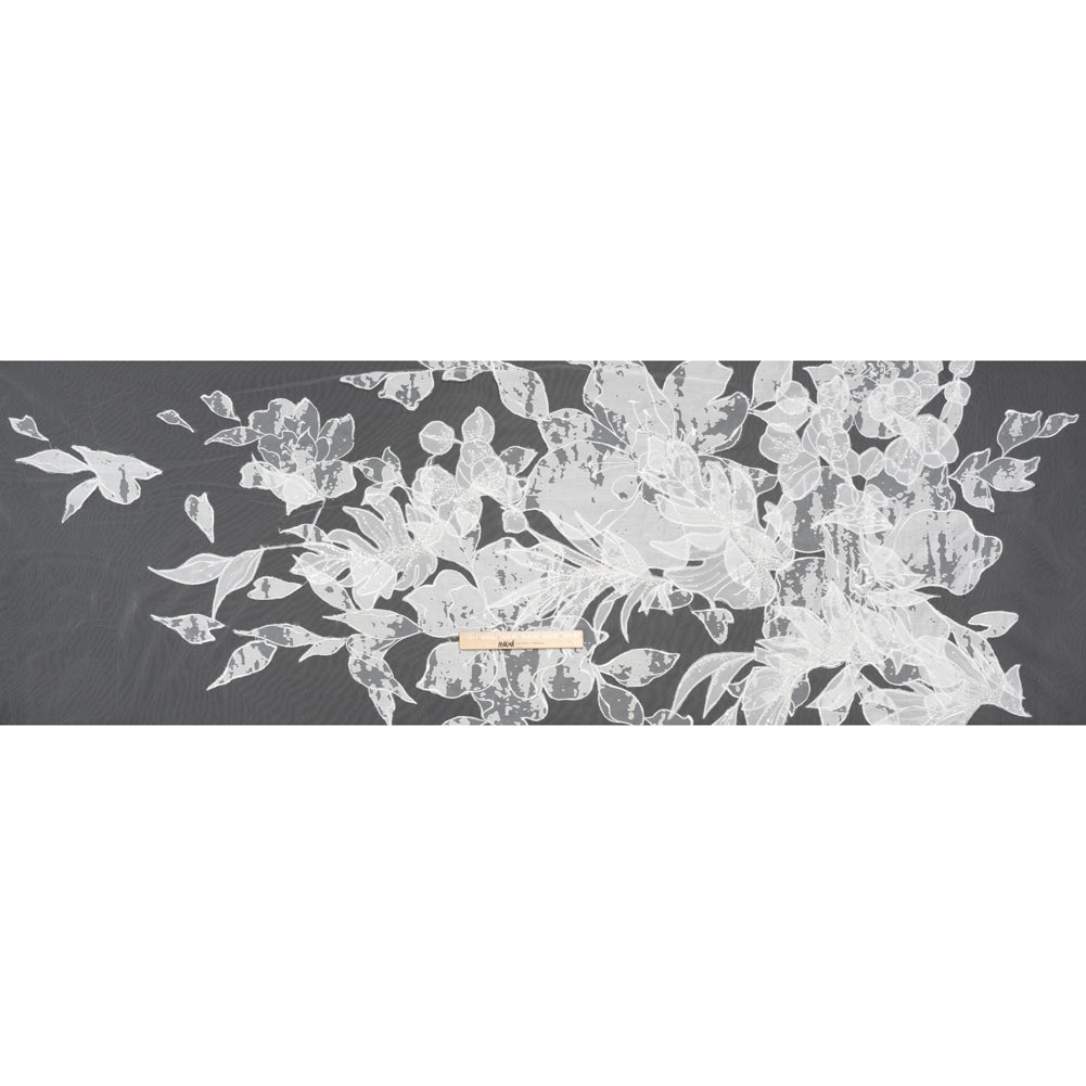 Beaded and Embroidered Tulle with Burnout Fabric Appliques - Off White Tropical Garden - Full Beaded and Embroidered Tulle with Burnout Fabric Appliques - Off White Tropical Garden - Full
