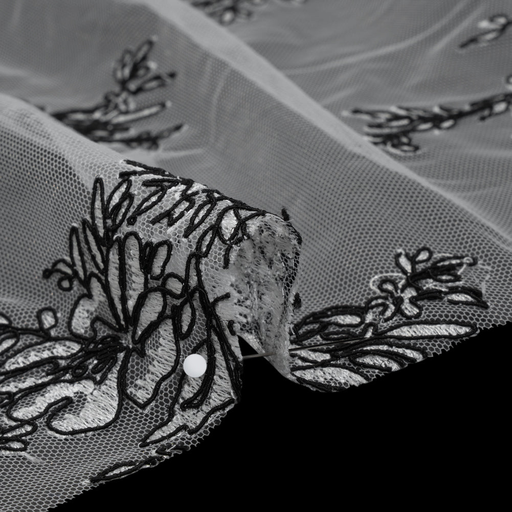 Corded Embroidered Tulle Lace with Scalloped Borders - Black and White Floral Detail Corded Embroidered Tulle Lace with Scalloped Borders - Black and White Floral Detail