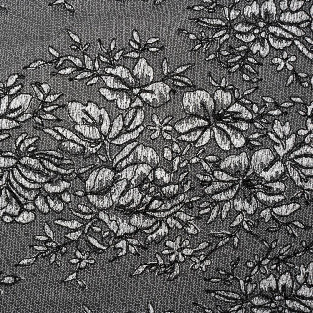 Corded Embroidered Tulle Lace with Scalloped Borders - Black and White Floral Corded Embroidered Tulle Lace with Scalloped Borders - Black and White Floral