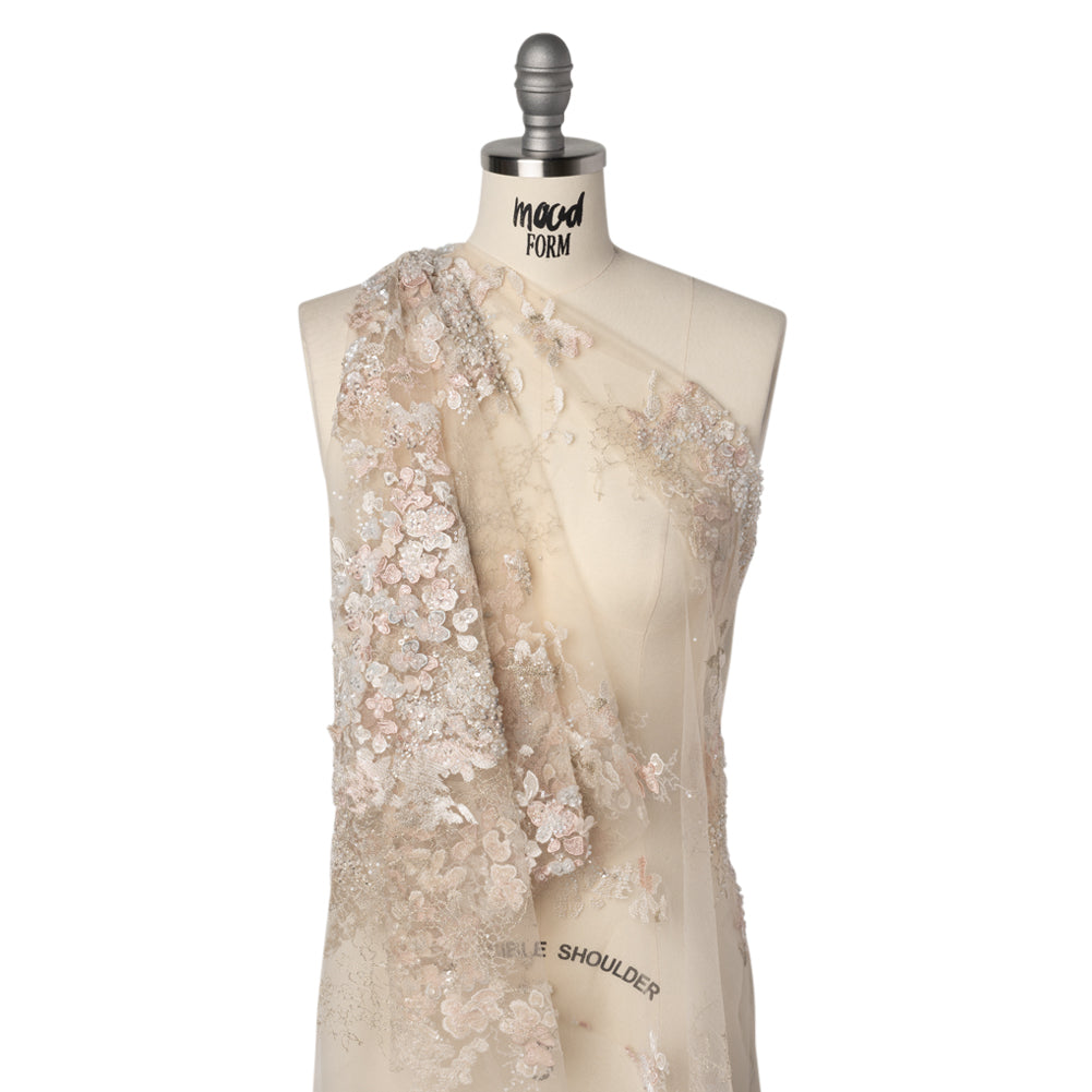 Beaded and Embroidered Tulle with 3D Fabric Flowers - Beige, Pink and White Blossoms Drape Beaded and Embroidered Tulle with 3D Fabric Flowers - Beige, Pink and White Blossoms Drape