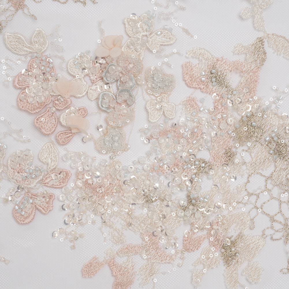 Beaded and Embroidered Tulle with 3D Fabric Flowers - Beige, Pink and White Blossoms Beaded and Embroidered Tulle with 3D Fabric Flowers - Beige, Pink and White Blossoms