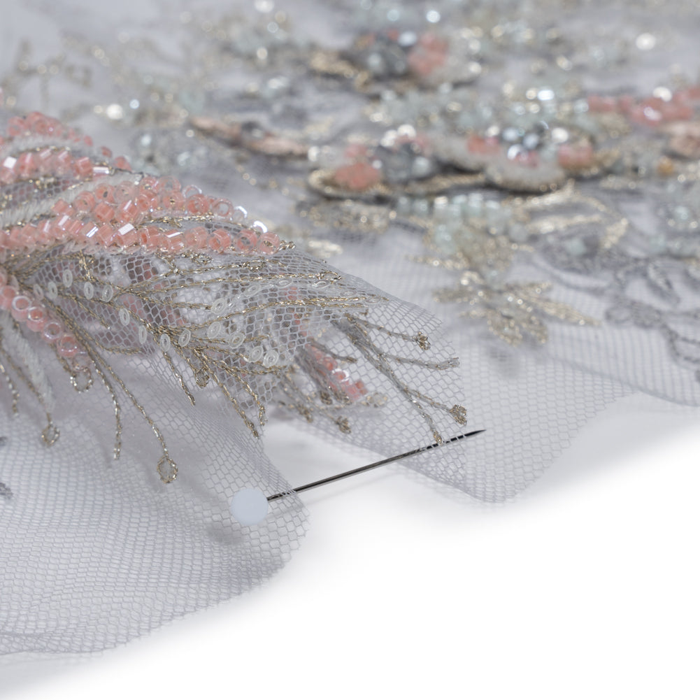 Beaded and Embroidered Tulle with 3D Appliques - Light Blue, Pink and Gold Fanciful Floral Sprays Detail Beaded and Embroidered Tulle with 3D Appliques - Light Blue, Pink and Gold Fanciful Floral Sprays Detail