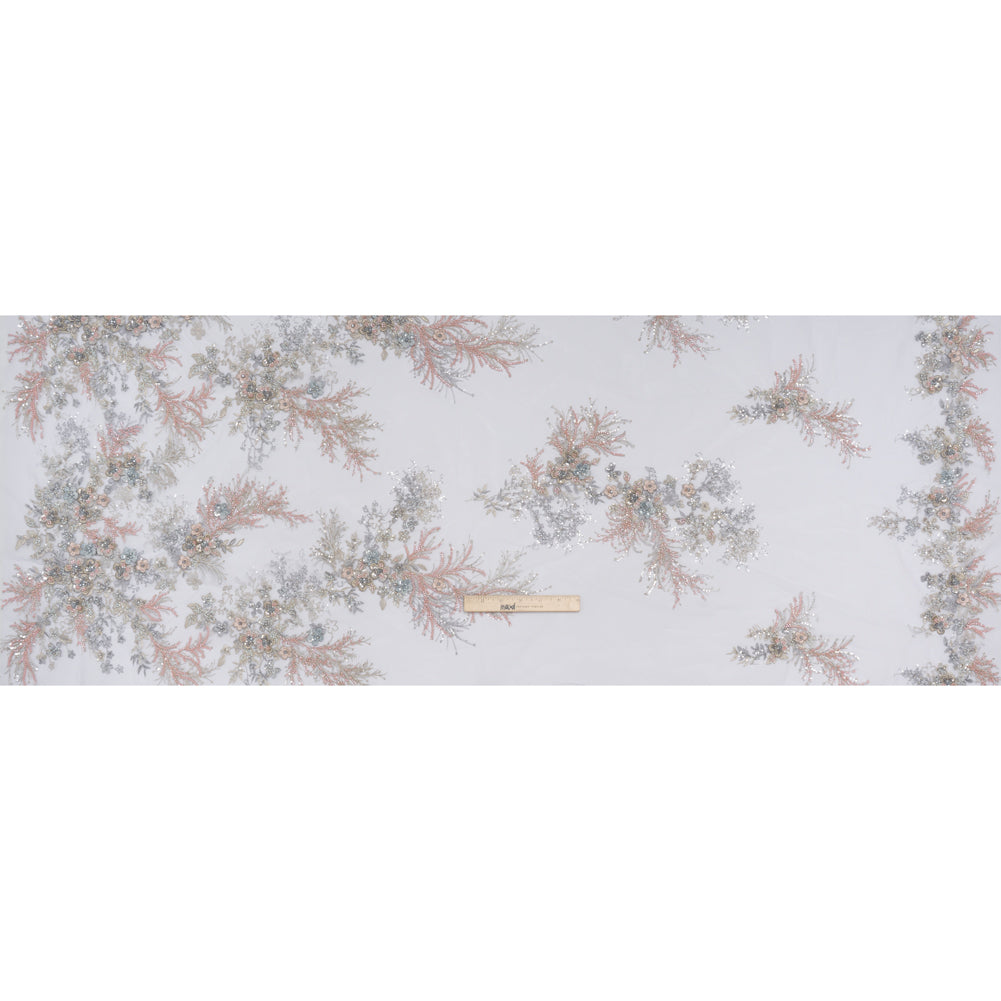 Beaded and Embroidered Tulle with 3D Appliques - Light Blue, Pink and Gold Fanciful Floral Sprays - Full Beaded and Embroidered Tulle with 3D Appliques - Light Blue, Pink and Gold Fanciful Floral Sprays - Full
