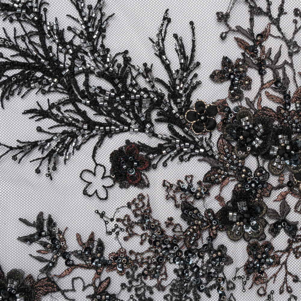Beaded and Embroidered Tulle with 3D Appliques - Black and Bronze Fanciful Floral Sprays Beaded and Embroidered Tulle with 3D Appliques - Black and Bronze Fanciful Floral Sprays