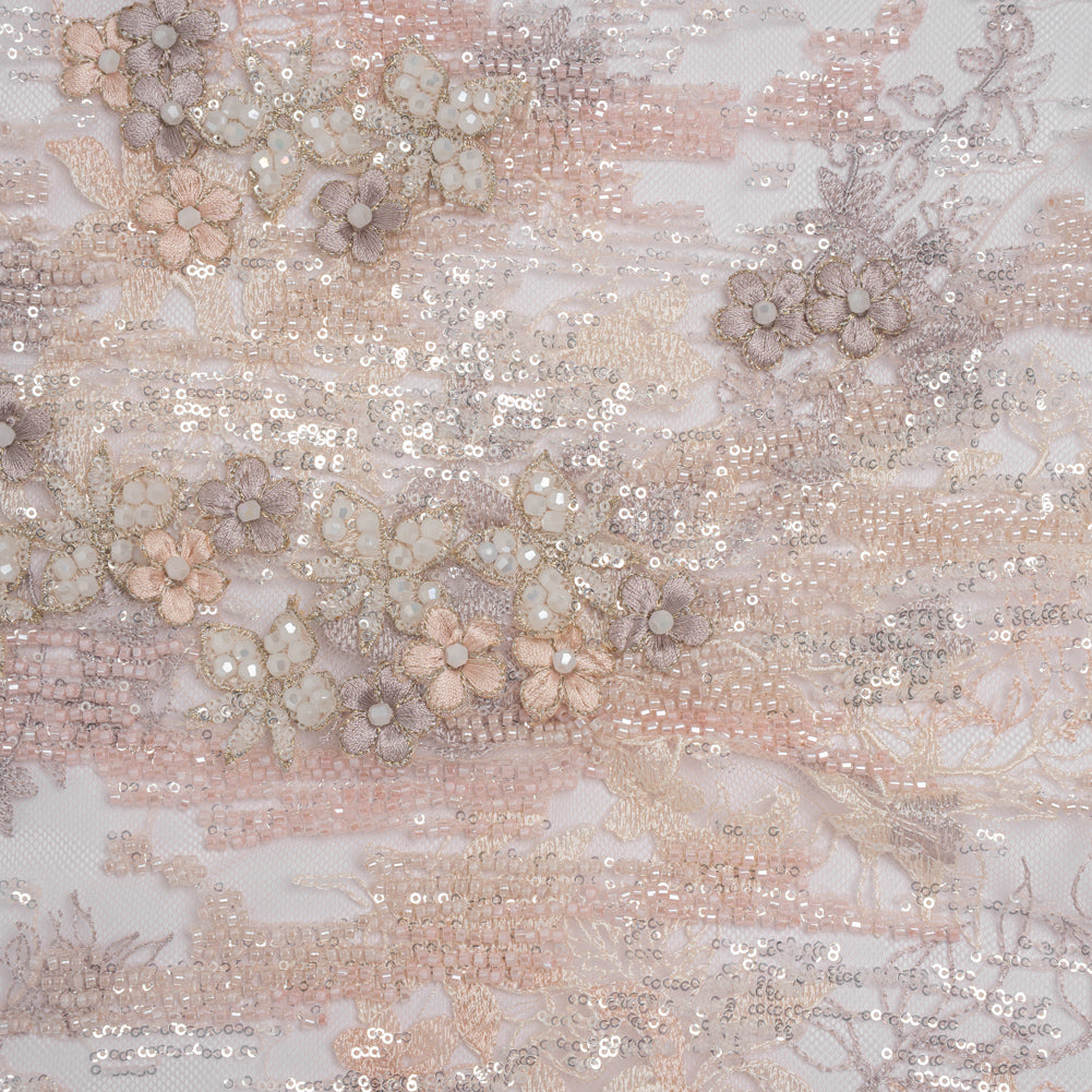 Beaded and Embroidered Tulle with 3D Appliques - Beige and Pink Floral Reflections Beaded and Embroidered Tulle with 3D Appliques - Beige and Pink Floral Reflections