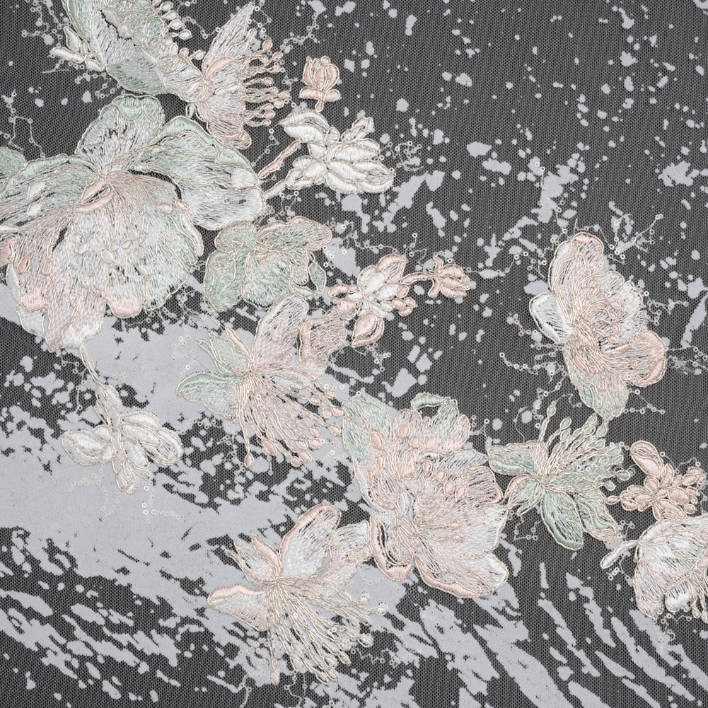 Embroidered Abstract Flocked Tulle with Baby Sequins - Off White, Pale Pink and Mint Floral Embroidered Abstract Flocked Tulle with Baby Sequins - Off White, Pale Pink and Mint Floral