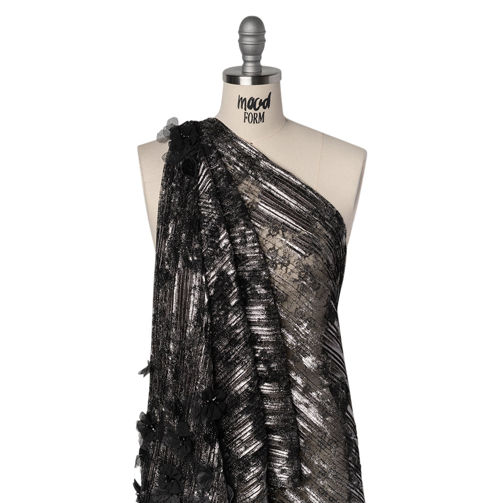 Foiled Plisse Lace with Beaded and Embroidered 3D Fabric Flowers and Leaves - Black and Silver Floral Drape Foiled Plisse Lace with Beaded and Embroidered 3D Fabric Flowers and Leaves - Black and Silver Floral Drape
