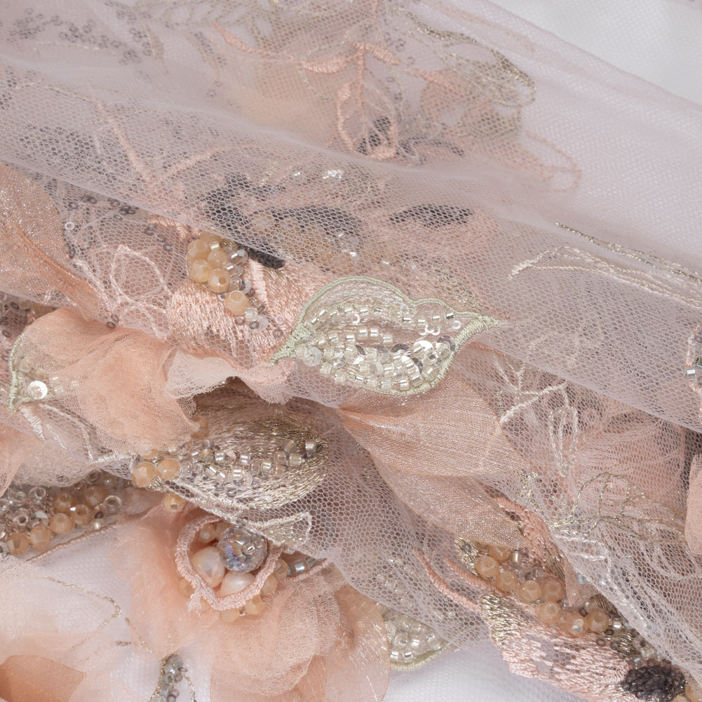 Embroidered and Beaded Tulle with 3D Fabric Flowers - Pale Pink, Peach and Gray Bold Blossoms Folded Embroidered and Beaded Tulle with 3D Fabric Flowers - Pale Pink, Peach and Gray Bold Blossoms Folded