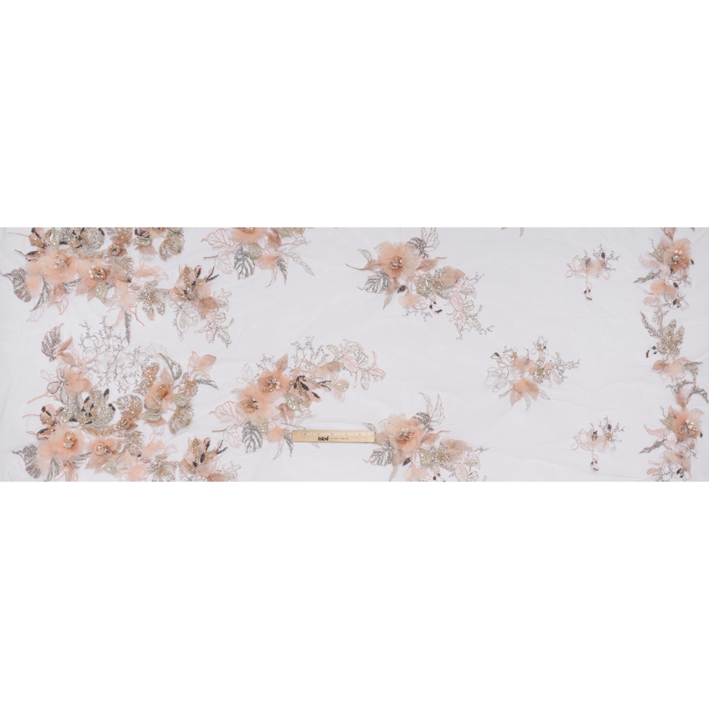 Embroidered and Beaded Tulle with 3D Fabric Flowers - Pale Pink, Peach and Gray Bold Blossoms - Full Embroidered and Beaded Tulle with 3D Fabric Flowers - Pale Pink, Peach and Gray Bold Blossoms - Full