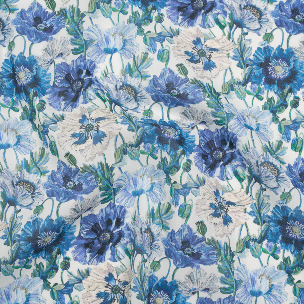 Liberty Fabrics Tana Lawn® - Poppy Amelie Blue - Sky, Cobalt Blue and Green Poppy Flower Field Drape Liberty Fabrics Tana Lawn® - Poppy Amelie Blue - Sky, Cobalt Blue and Green Poppy Flower Field Drape