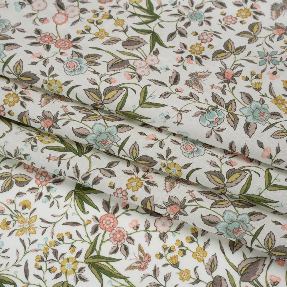 Liberty Fabrics Tana Lawn® - Tapestry Multi Pastel - Light Pink, Green and Yellow Floral and Butterflies Detail Liberty Fabrics Tana Lawn® - Tapestry Multi Pastel - Light Pink, Green and Yellow Floral and Butterflies Detail