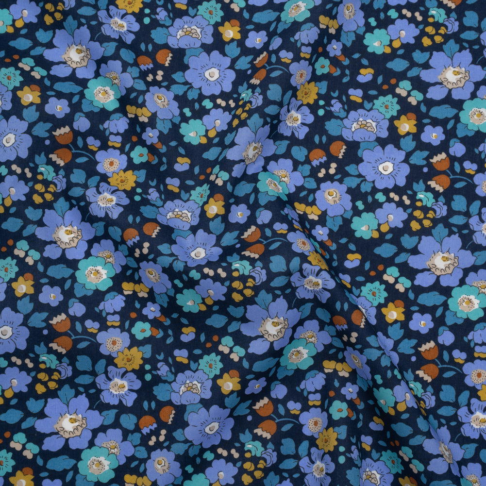 Liberty Fabrics Tana Lawn® - Betsy Meadow Dark Blue - Blue, Periwinkle and Yellow Illustrated Floral - Drape Liberty Fabrics Tana Lawn® - Betsy Meadow Dark Blue - Blue, Periwinkle and Yellow Illustrated Floral - Drape