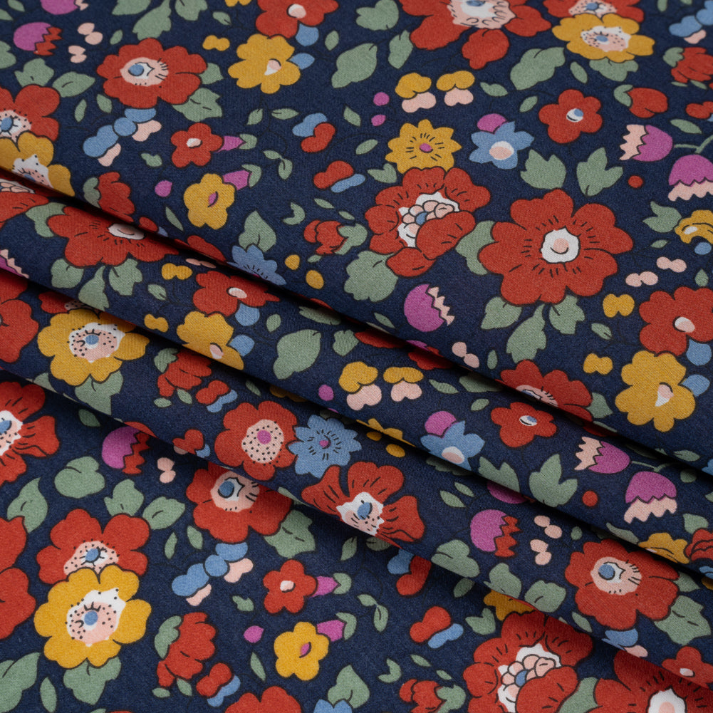 Liberty Fabrics Tana Lawn® - Betsy Meadow Multi Bright - Navy Blue, Red and Yellow Illustrated Floral Detail Liberty Fabrics Tana Lawn® - Betsy Meadow Multi Bright - Navy Blue, Red and Yellow Illustrated Floral Detail