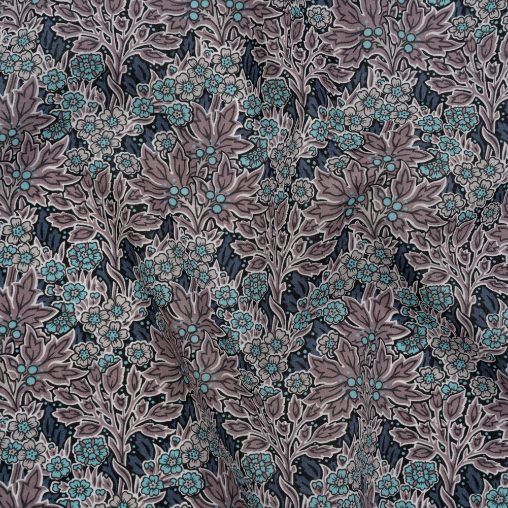 Liberty Fabrics Tana Lawn® - Aubrey Forest Blue - Blue and Orchid Purple Leafy Floral Chevrons - Drape Liberty Fabrics Tana Lawn® - Aubrey Forest Blue - Blue and Orchid Purple Leafy Floral Chevrons - Drape