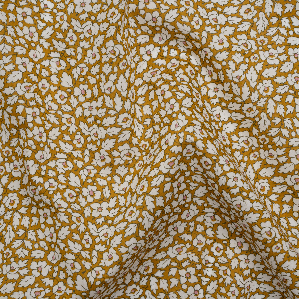 Liberty Fabrics Tana Lawn® - Feather Meadow Yellow - Yellow Ochre and White Flowers and Leaves - Drape Liberty Fabrics Tana Lawn® - Feather Meadow Yellow - Yellow Ochre and White Flowers and Leaves - Drape