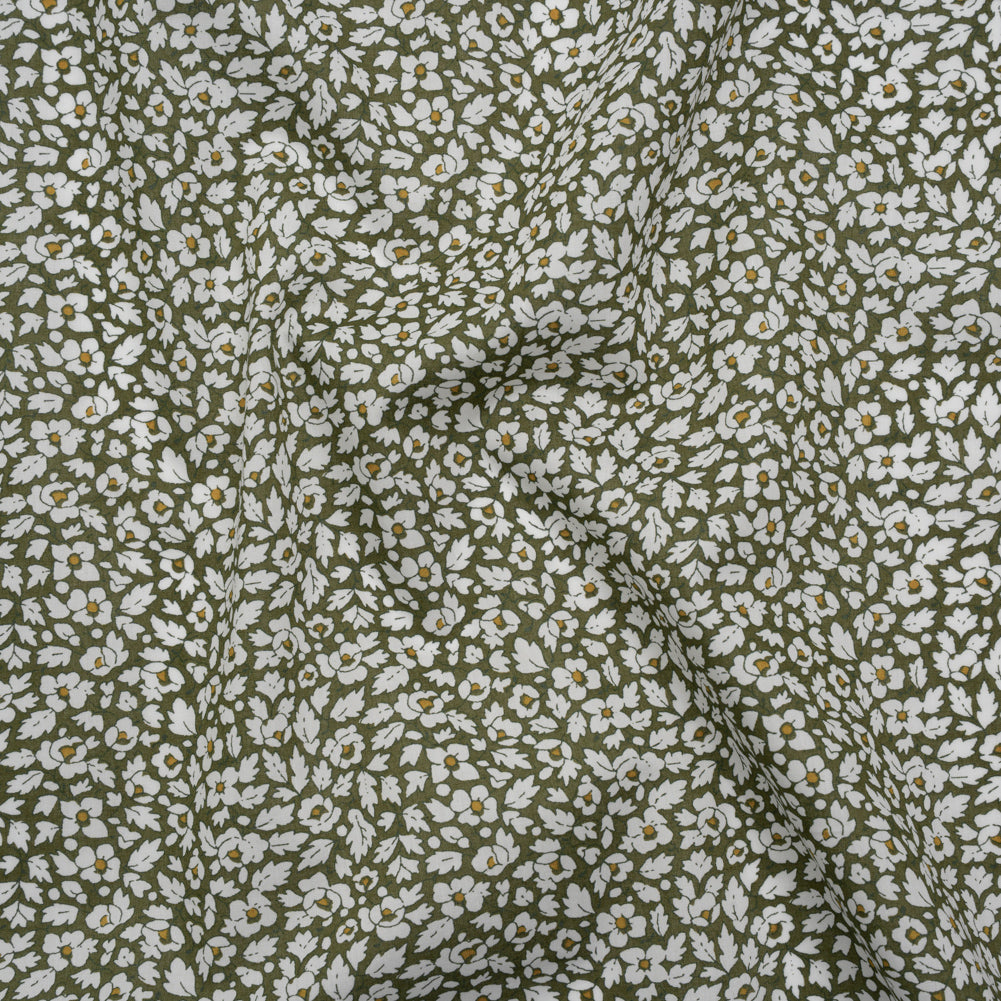 Liberty Fabrics Tana Lawn® - Feather Meadow Green - Olive Green and White Flowers and Leaves - Drape Liberty Fabrics Tana Lawn® - Feather Meadow Green - Olive Green and White Flowers and Leaves - Drape