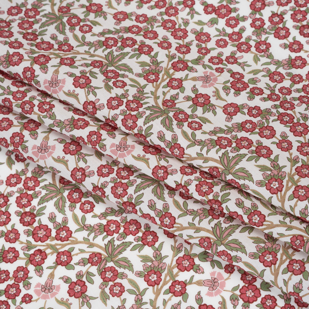 Liberty Fabrics Tana Lawn® - Empress Red - Red and Green Trailing Cherry Blossoms Detail Liberty Fabrics Tana Lawn® - Empress Red - Red and Green Trailing Cherry Blossoms Detail