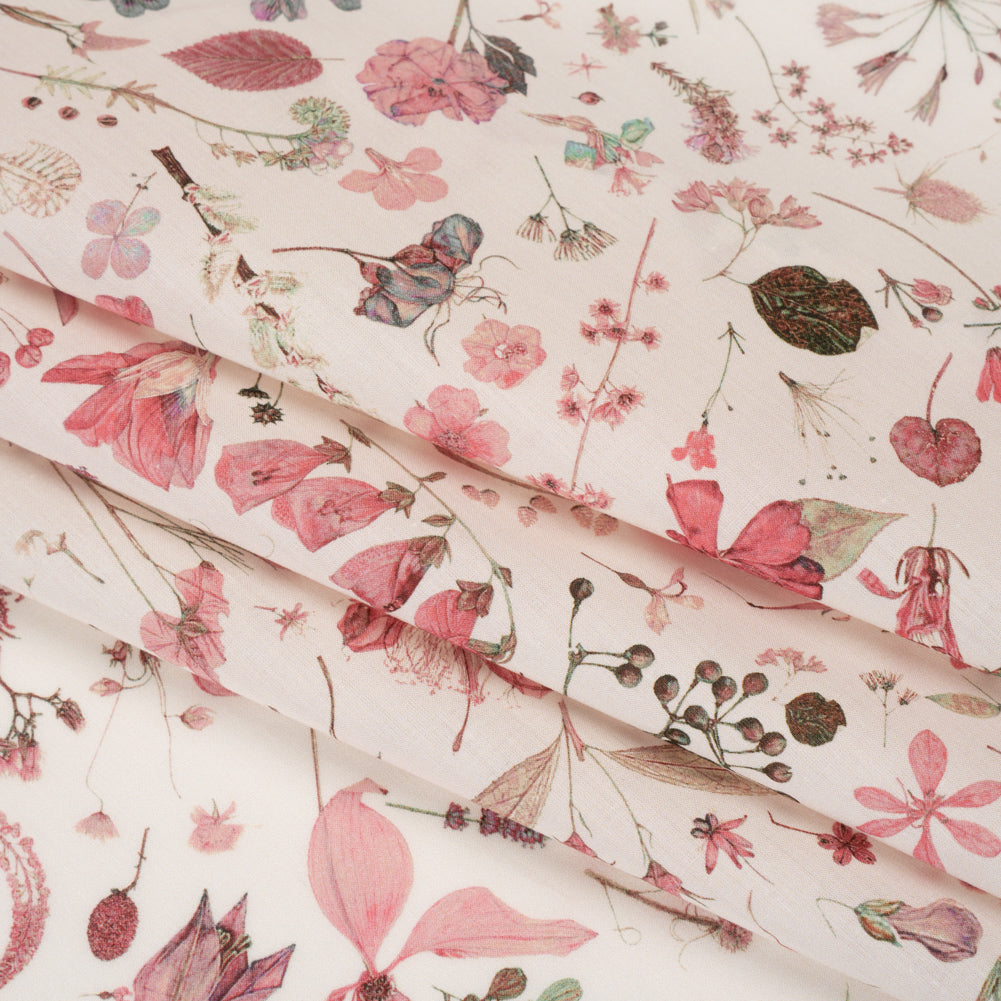 Liberty Fabrics Tana Lawn® - Floral Eve Pink - Baby Pink and Light Green Scattered Plants and Flowers Detail Liberty Fabrics Tana Lawn® - Floral Eve Pink - Baby Pink and Light Green Scattered Plants and Flowers Detail