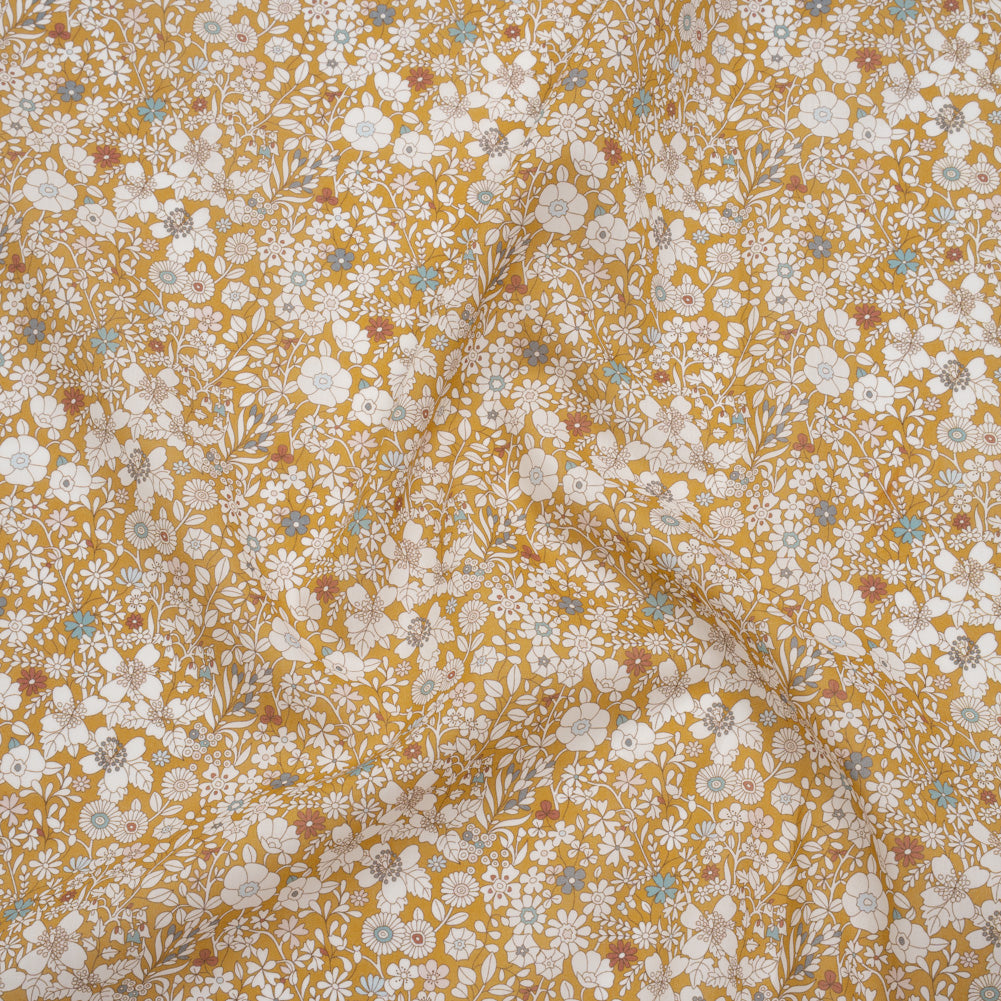 Liberty Fabrics Tana Lawn® - June's Meadow Yellow - Ochre, White and Light Blue Illustrated Flowers Liberty Fabrics Tana Lawn® - June's Meadow Yellow - Ochre, White and Light Blue Illustrated Flowers