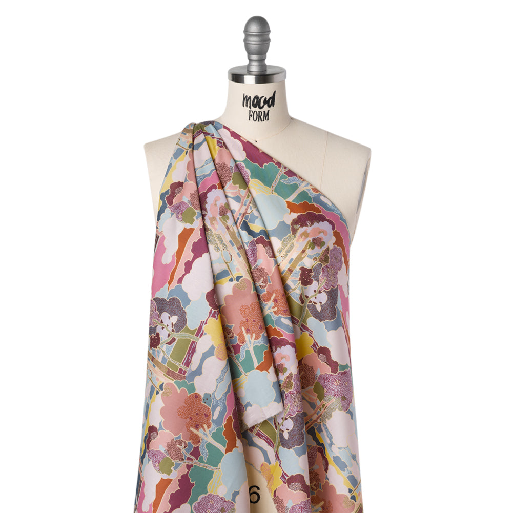Liberty Fabrics Tana Lawn® - Prospect Road Multi Pastel - Pink, Blue and Green Tree Filled Landscape - Drape Liberty Fabrics Tana Lawn® - Prospect Road Multi Pastel - Pink, Blue and Green Tree Filled Landscape - Drape