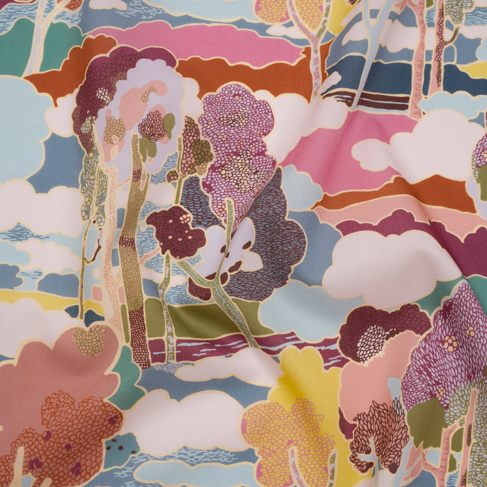 Liberty Fabrics Tana Lawn® - Prospect Road Multi Pastel - Pink, Blue and Green Tree Filled Landscape Liberty Fabrics Tana Lawn® - Prospect Road Multi Pastel - Pink, Blue and Green Tree Filled Landscape