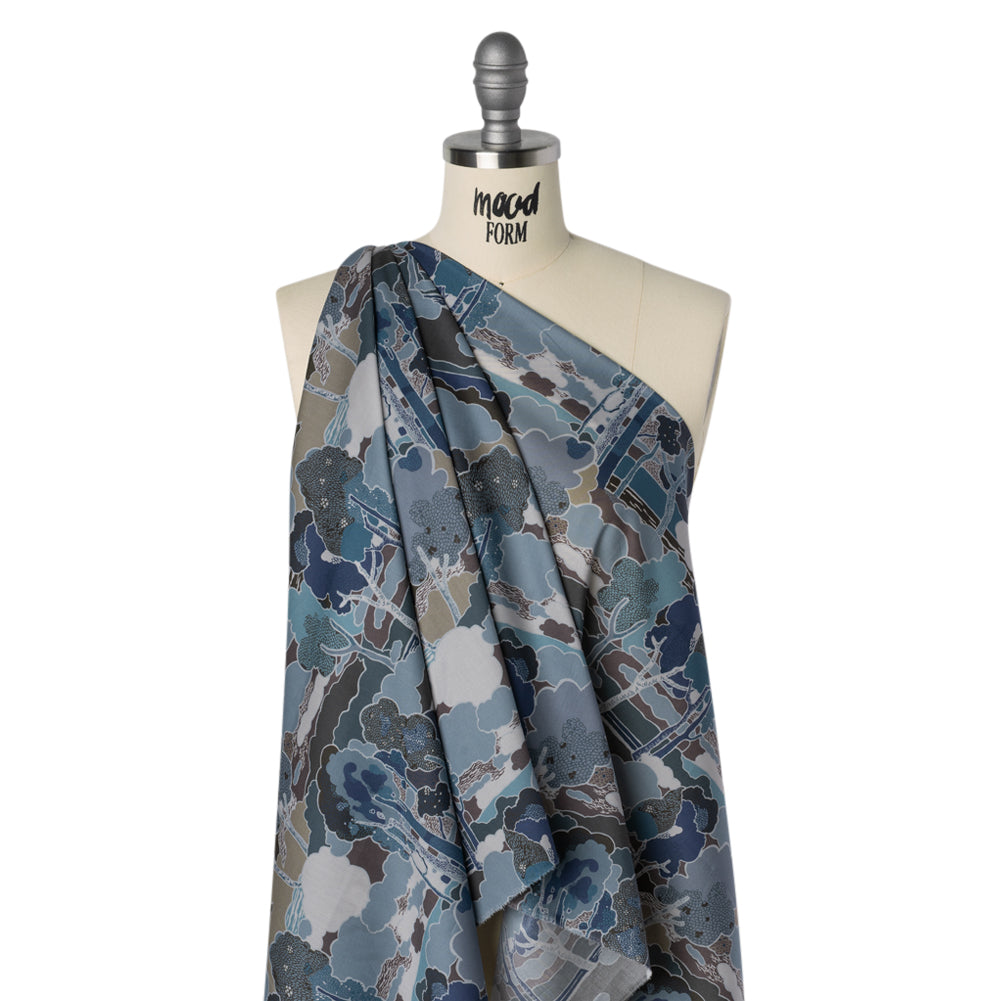 Liberty Fabrics Tana Lawn® - Prospect Road Dark Blue - Navy, Storm Blue and Brown Tree Filled Landscape - Drape Liberty Fabrics Tana Lawn® - Prospect Road Dark Blue - Navy, Storm Blue and Brown Tree Filled Landscape - Drape