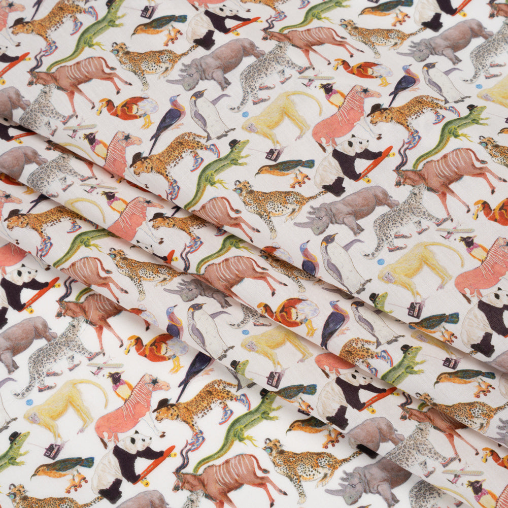Liberty Fabrics Tana Lawn® - Quey 2 Multi Pastel - Brown, Green and Yellow Animals with Clothes - Folded Liberty Fabrics Tana Lawn® - Quey 2 Multi Pastel - Brown, Green and Yellow Animals with Clothes - Folded