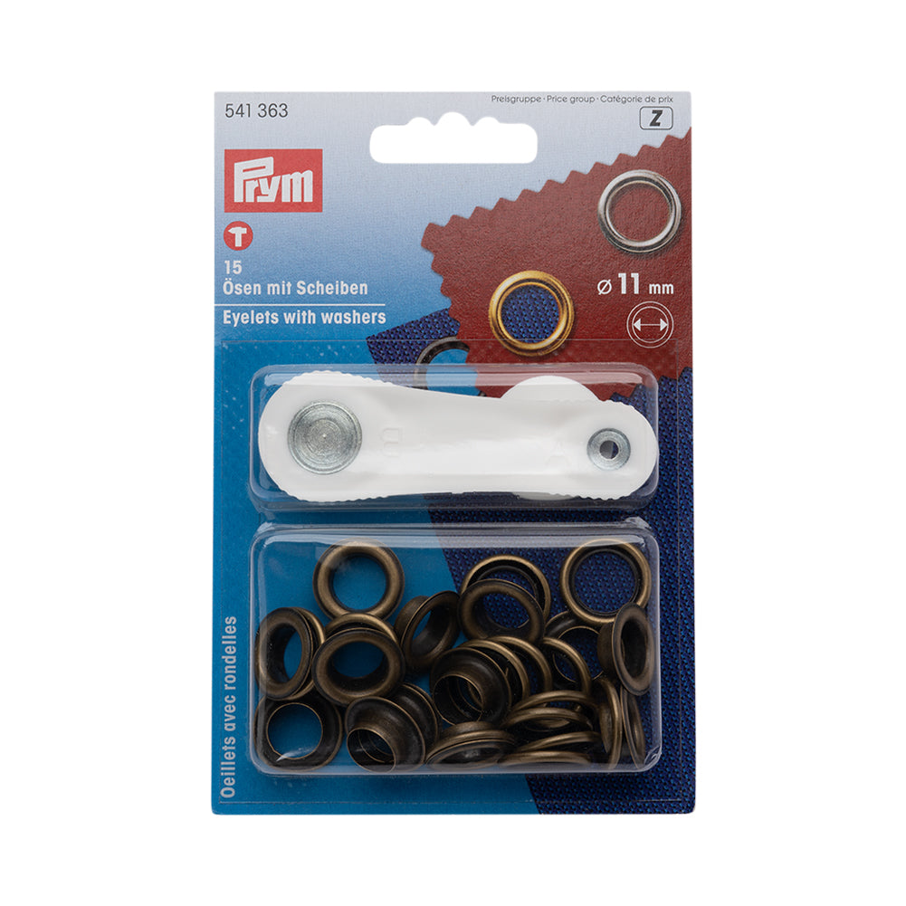 Prym Eyelets with Washers with Tools - Antique Brass 11mm - 15pc Prym Eyelets with Washers with Tools - Antique Brass 11mm - 15pc
