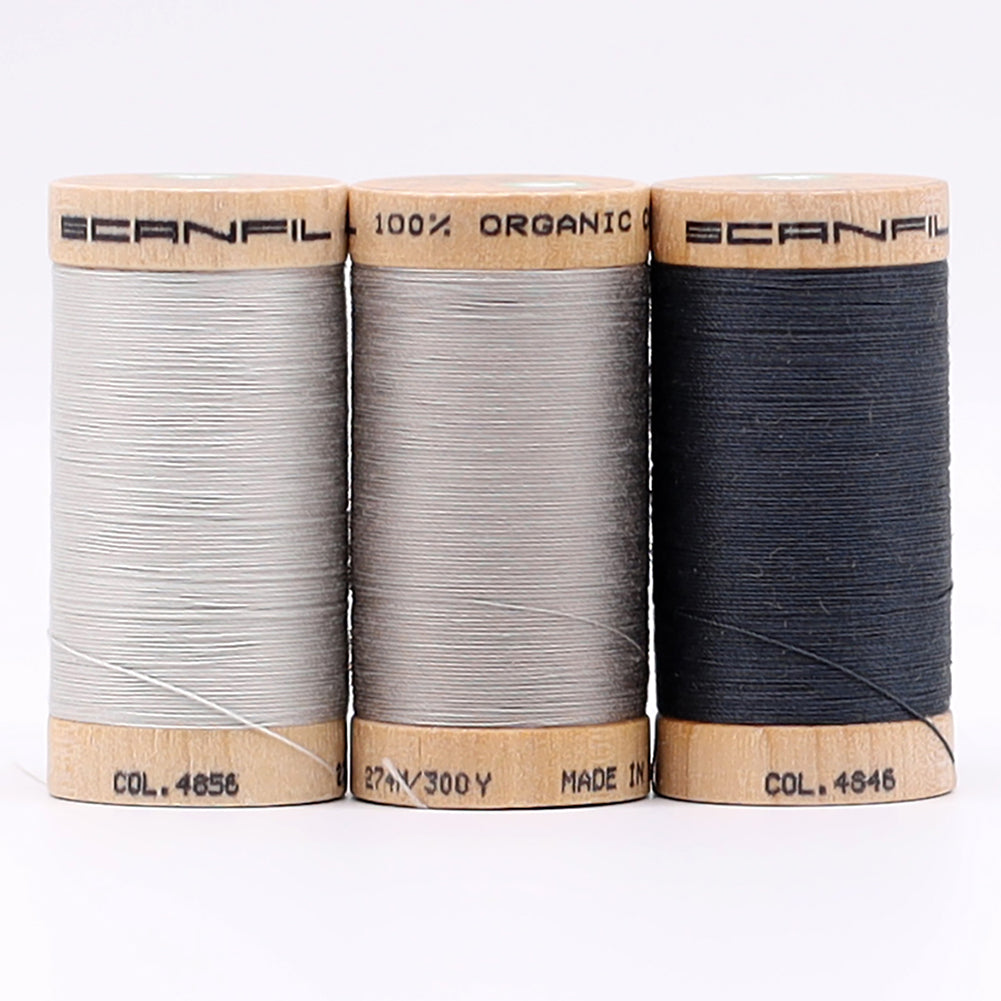 SCANFIL® 30wt Organic Pima Cotton Thread Trio Set - 3ct 300yd Spools - Stormy Grays - Detail SCANFIL® 30wt Organic Pima Cotton Thread Trio Set - 3ct 300yd Spools - Stormy Grays - Detail