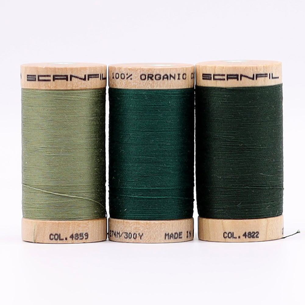 SCANFIL® 30wt Organic Pima Cotton Thread Trio Set - 3ct 300yd Spools - Foresty Greens Folded SCANFIL® 30wt Organic Pima Cotton Thread Trio Set - 3ct 300yd Spools - Foresty Greens Folded