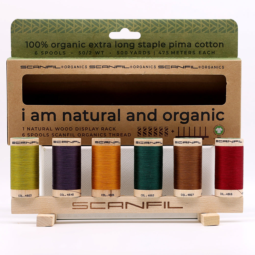 SCANFIL® 50wt Organic Pima Cotton Thread Set - 6ct 500yd Spools & Wood Rack - Harvest Time - Detail SCANFIL® 50wt Organic Pima Cotton Thread Set - 6ct 500yd Spools & Wood Rack - Harvest Time - Detail