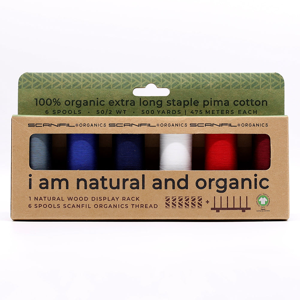 SCANFIL® 50wt Organic Pima Cotton Thread Set - 6ct 500yd Spools & Wood Rack - Patriotic - Drape - Image 7 of 11 SCANFIL® 50wt Organic Pima Cotton Thread Set - 6ct 500yd Spools & Wood Rack - Patriotic - Drape - Image 7 of 11
