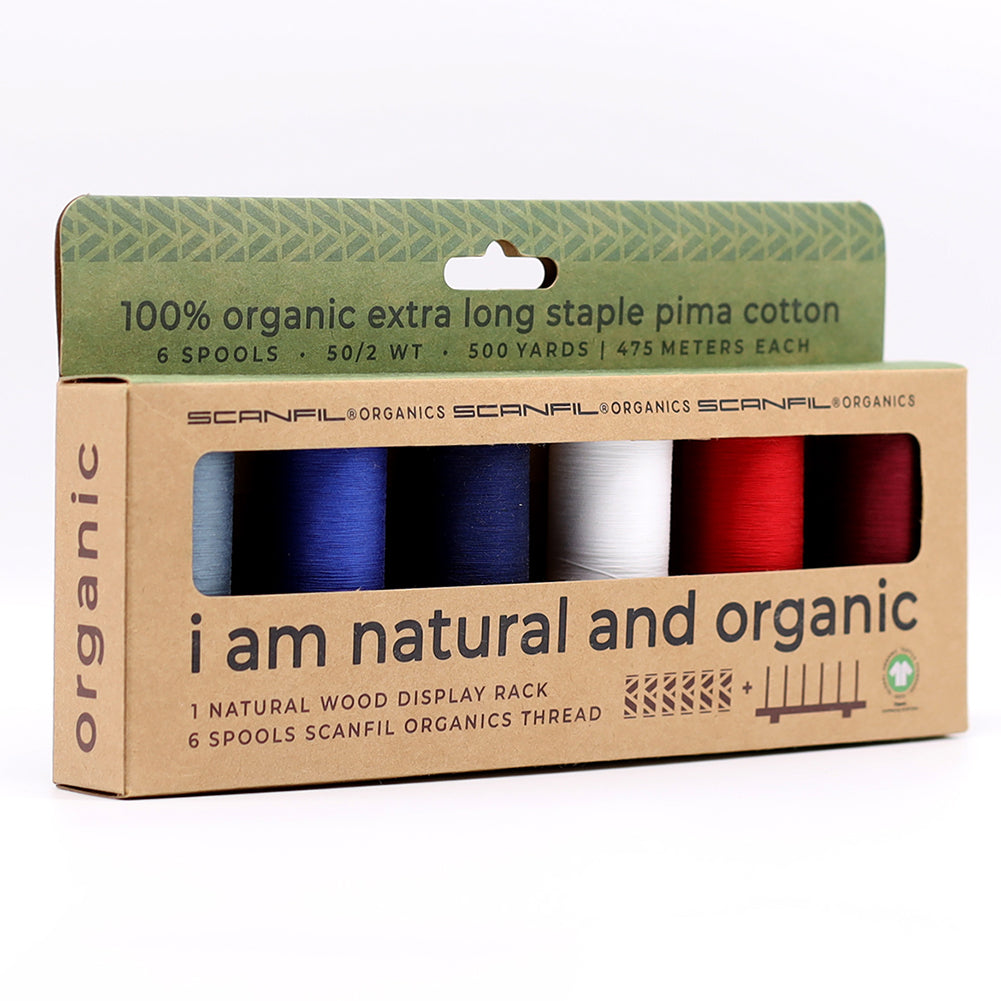 SCANFIL® 50wt Organic Pima Cotton Thread Set - 6ct 500yd Spools & Wood Rack - Patriotic - Packaged - Image 11 of 11 SCANFIL® 50wt Organic Pima Cotton Thread Set - 6ct 500yd Spools & Wood Rack - Patriotic - Packaged - Image 11 of 11