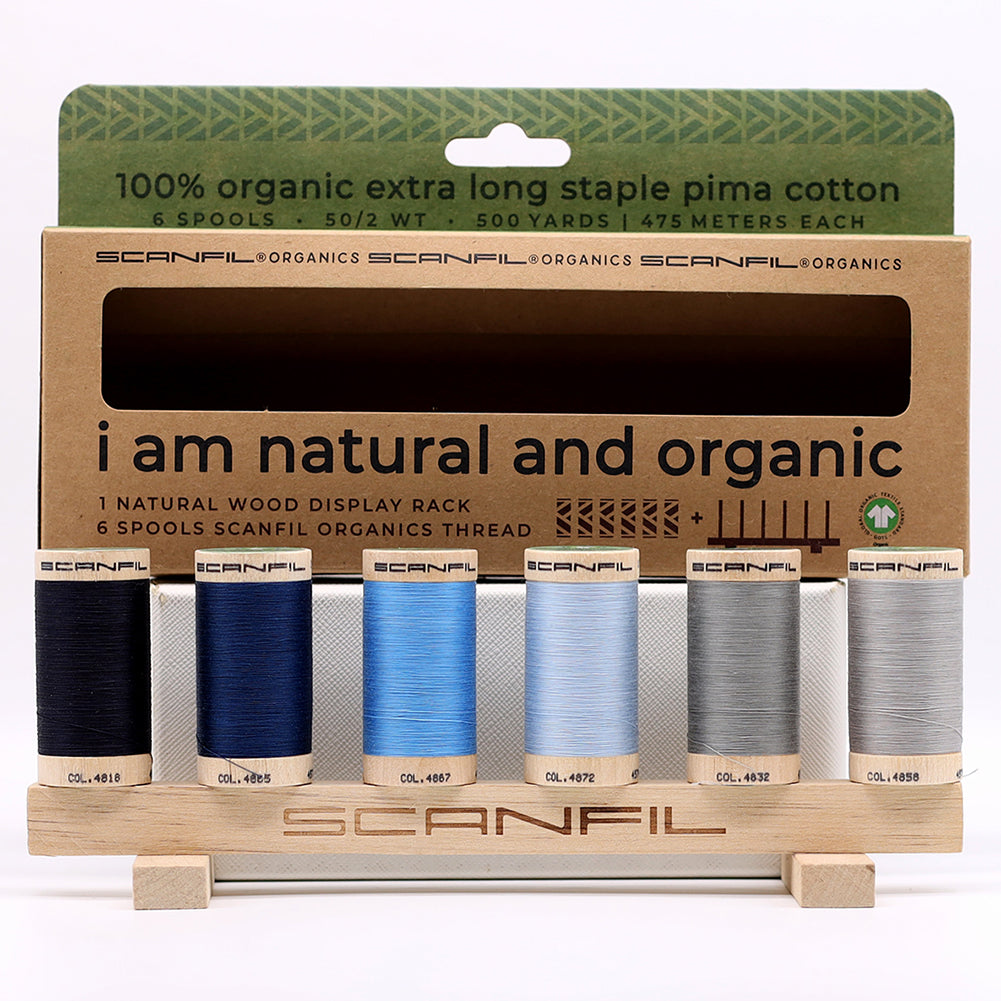 SCANFIL® 50wt Organic Pima Cotton Thread Set - 6ct 500yd Spools & Wood Rack - Frosty Winter Folded SCANFIL® 50wt Organic Pima Cotton Thread Set - 6ct 500yd Spools & Wood Rack - Frosty Winter Folded