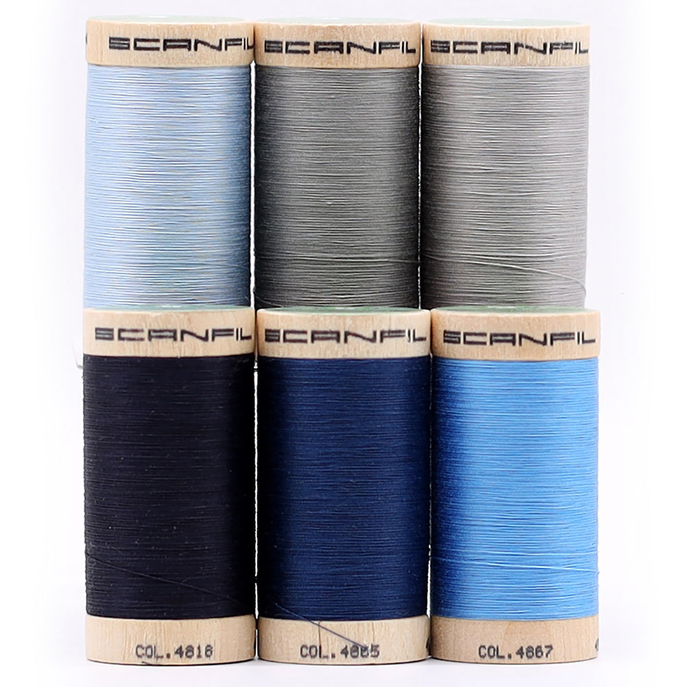 SCANFIL® 50wt Organic Pima Cotton Thread Set - 6ct 500yd Spools & Wood Rack - Frosty Winter Full SCANFIL® 50wt Organic Pima Cotton Thread Set - 6ct 500yd Spools & Wood Rack - Frosty Winter Full