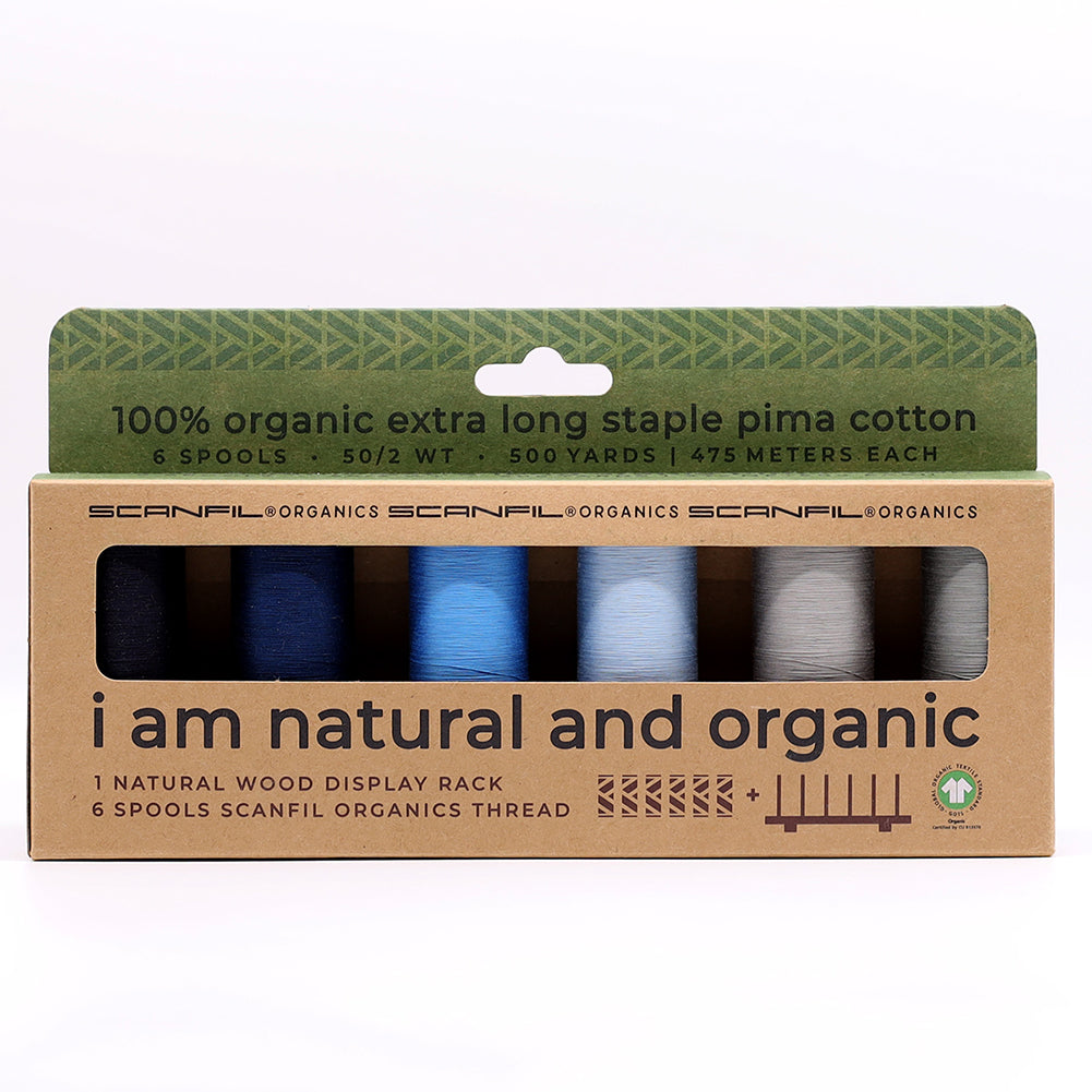 SCANFIL® 50wt Organic Pima Cotton Thread Set - 6ct 500yd Spools & Wood Rack - Frosty Winter Drape SCANFIL® 50wt Organic Pima Cotton Thread Set - 6ct 500yd Spools & Wood Rack - Frosty Winter Drape