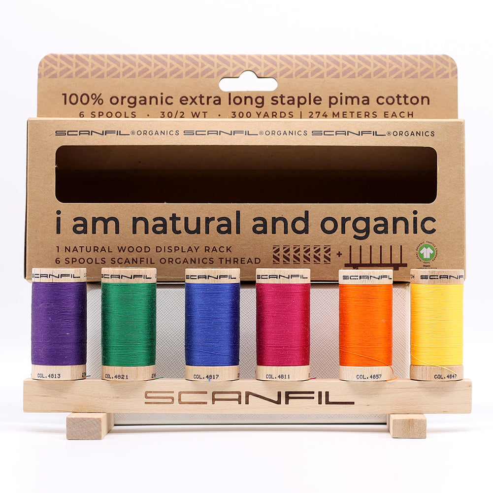 SCANFIL® 30wt Organic Pima Cotton Thread Set - 6ct 300yd Spools & Wood Rack - Jewel Tones Folded SCANFIL® 30wt Organic Pima Cotton Thread Set - 6ct 300yd Spools & Wood Rack - Jewel Tones Folded