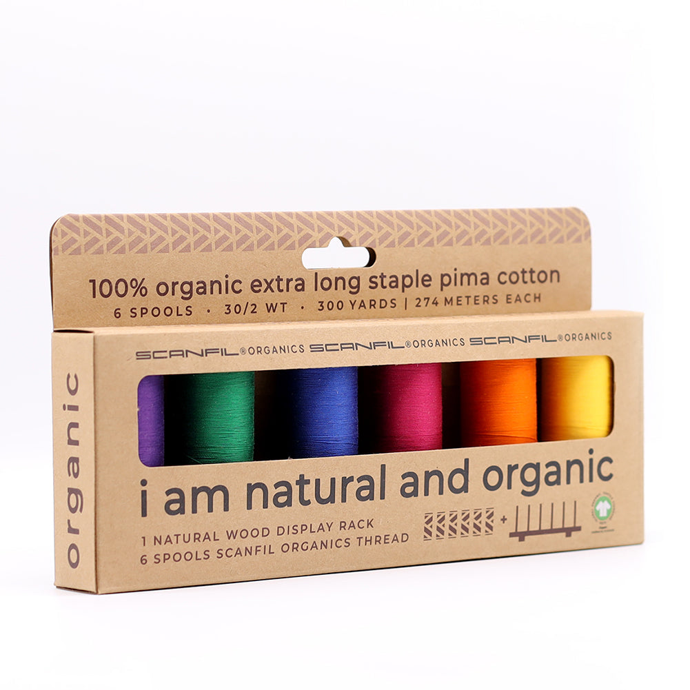 SCANFIL® 30wt Organic Pima Cotton Thread Set - 6ct 300yd Spools & Wood Rack - Jewel Tones - Package SCANFIL® 30wt Organic Pima Cotton Thread Set - 6ct 300yd Spools & Wood Rack - Jewel Tones - Package