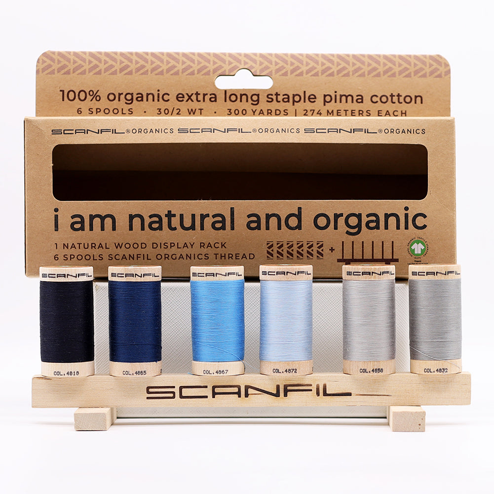 SCANFIL® 30wt Organic Pima Cotton Thread Set - 6ct 300yd Spools & Wood Rack - Frosty Winter Detail SCANFIL® 30wt Organic Pima Cotton Thread Set - 6ct 300yd Spools & Wood Rack - Frosty Winter Detail