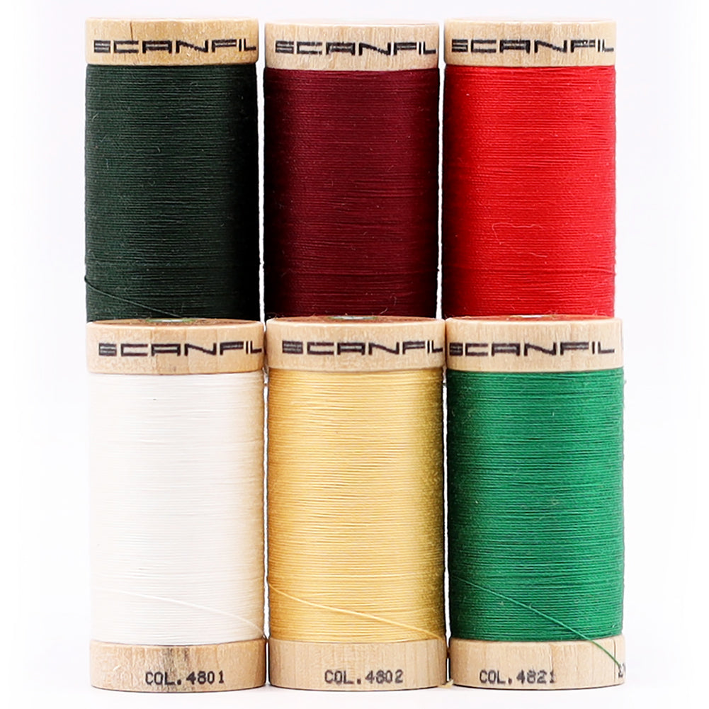SCANFIL® 30wt Organic Pima Cotton Thread Set - 6ct 300yd Spools & Wood Rack - Holiday Traditions Full SCANFIL® 30wt Organic Pima Cotton Thread Set - 6ct 300yd Spools & Wood Rack - Holiday Traditions Full