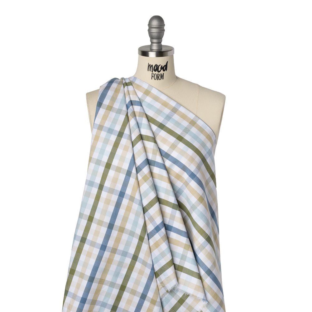 Cotton Oxford Shirting - Blue, Olive Green and Beige Plaid - Deadstock - Drape Cotton Oxford Shirting - Blue, Olive Green and Beige Plaid - Deadstock - Drape
