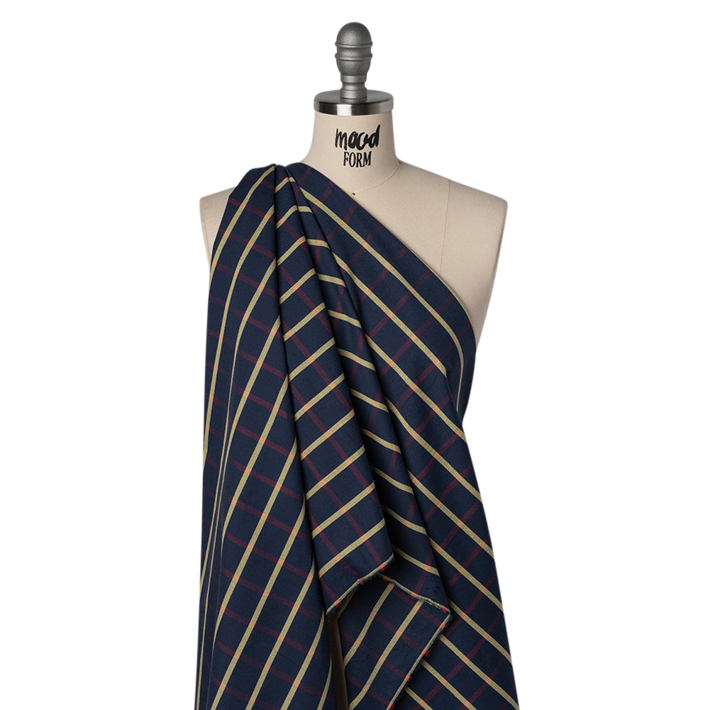 Cotton Oxford Shirting - Navy Blue, Red and Banana Yellow Windowpane Checks - Deadstock Drape Cotton Oxford Shirting - Navy Blue, Red and Banana Yellow Windowpane Checks - Deadstock Drape