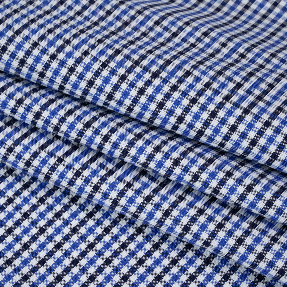 Cotton Oxford Shirting - Blue, Midnight and White Tattersall Check - Deadstock - Folded Cotton Oxford Shirting - Blue, Midnight and White Tattersall Check - Deadstock - Folded