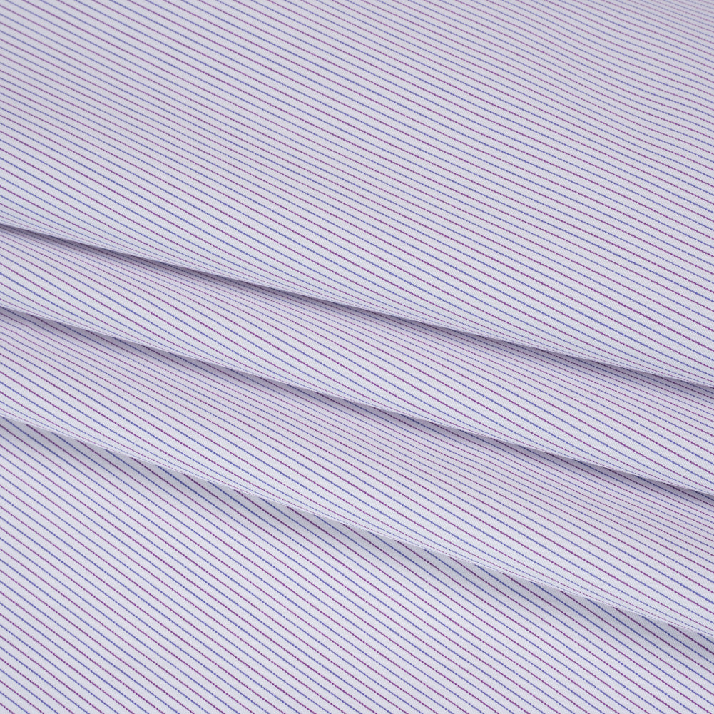 Cotton Twill Shirting - White, Blue and Purple Pinstripes - Deadstock - Folded Cotton Twill Shirting - White, Blue and Purple Pinstripes - Deadstock - Folded