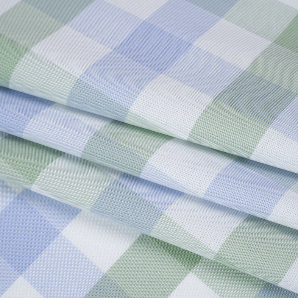 Cotton Oxford Shirting - Light Blue, Sage Green and White Big Tattersall Checks - Deadstock - Folded Cotton Oxford Shirting - Light Blue, Sage Green and White Big Tattersall Checks - Deadstock - Folded