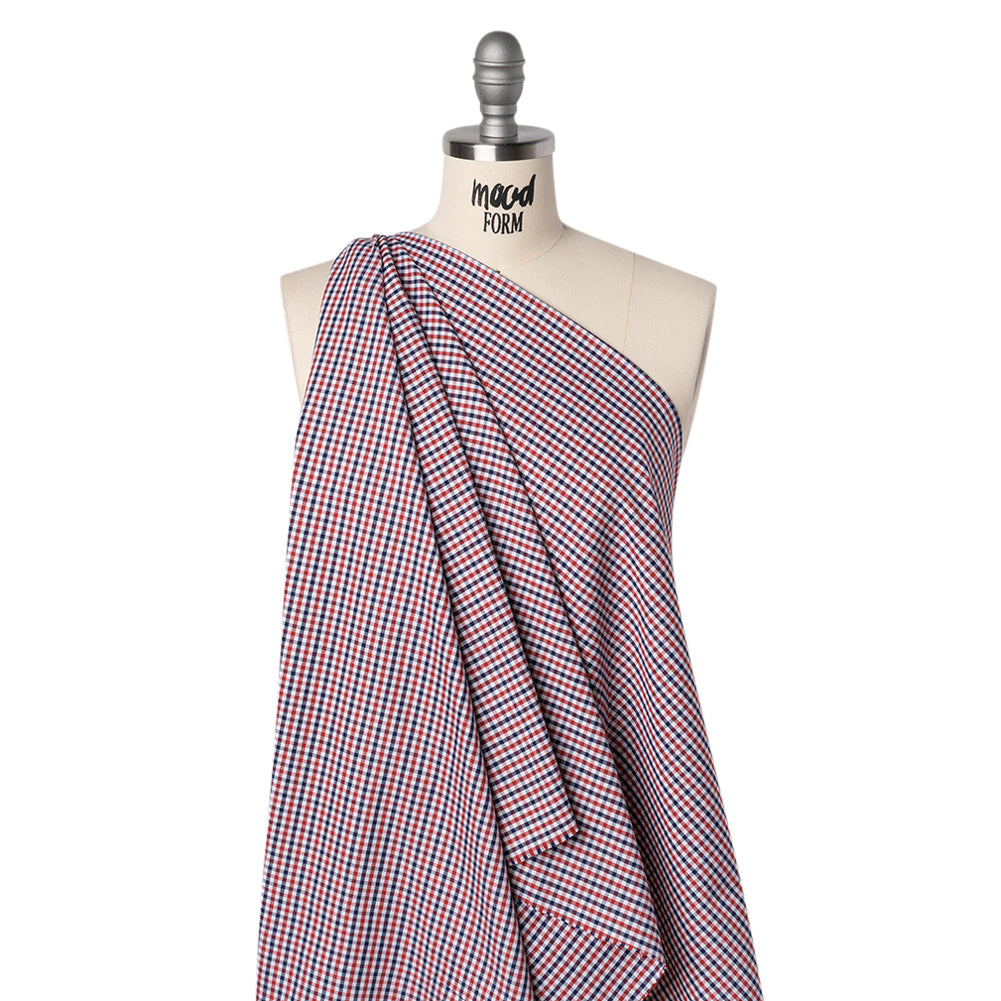 Cotton Oxford Shirting - Red, Navy and White Tattersall Check - Deadstock Drape Cotton Oxford Shirting - Red, Navy and White Tattersall Check - Deadstock Drape