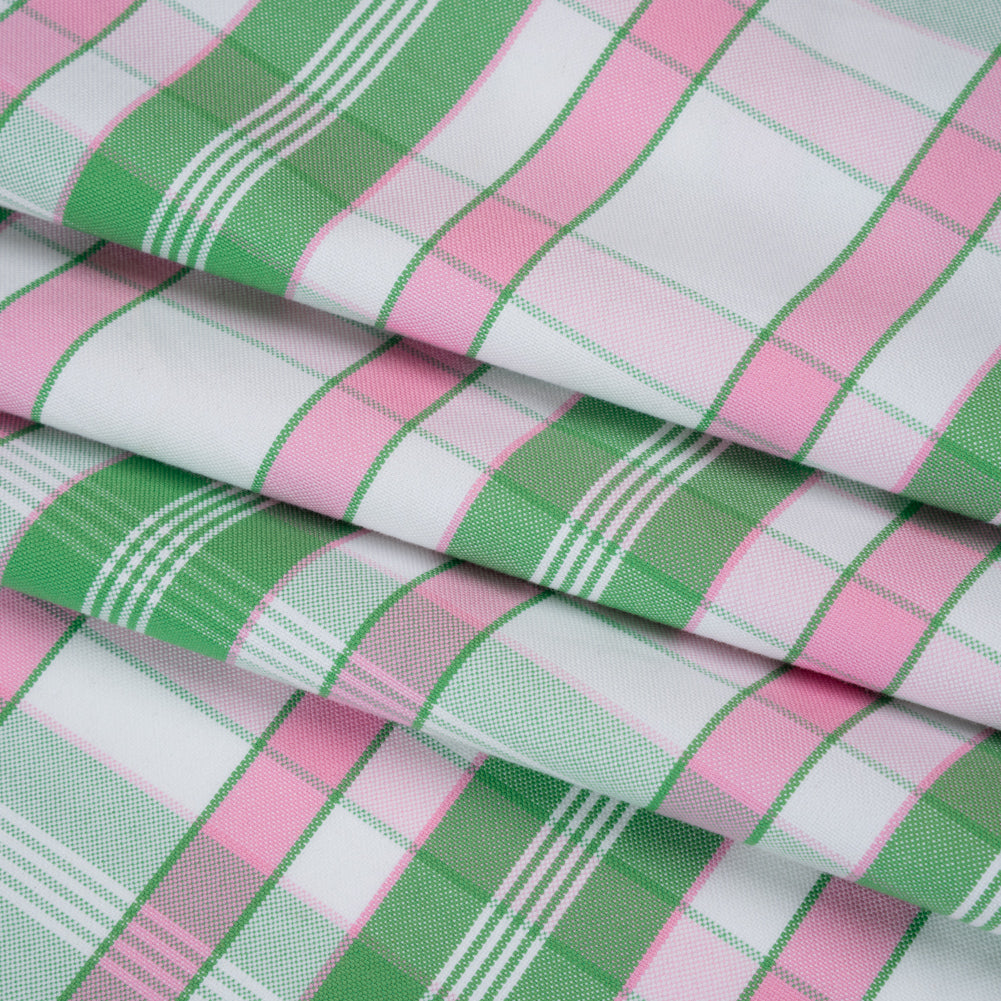 Cotton Oxford Shirting - Bubblegum Pink, Kelly Green and White Plaid - Deadstock Folded Cotton Oxford Shirting - Bubblegum Pink, Kelly Green and White Plaid - Deadstock Folded